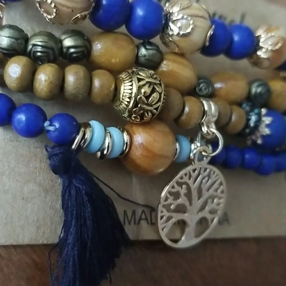 Blue and Gold Beaded Bracelet Set